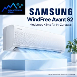 Illustrative Darstellung einer modernen Samsung Klimaanlage mit Klimatechnik Selou Logo. Modell nach Vereinbarung.